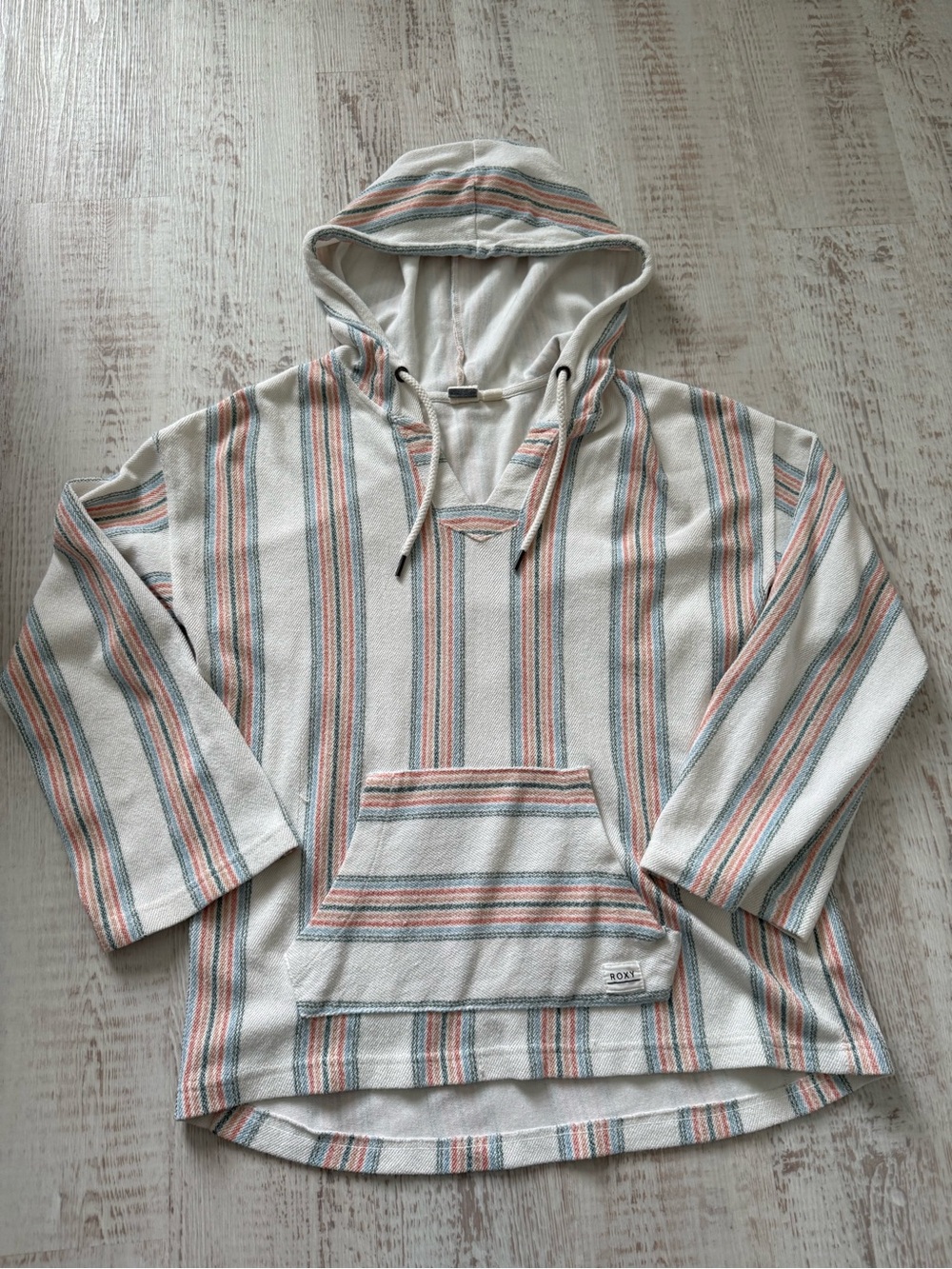 Roxy Cream Hooded Sweater with Coral and Teal Stripes